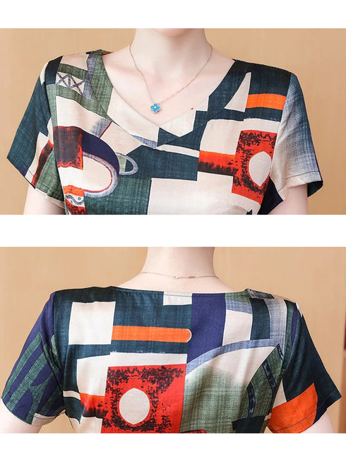 Jazzy Elegant Geometric Design V-Neck Short Sleeve A-Line Casual & Office Midi Dress